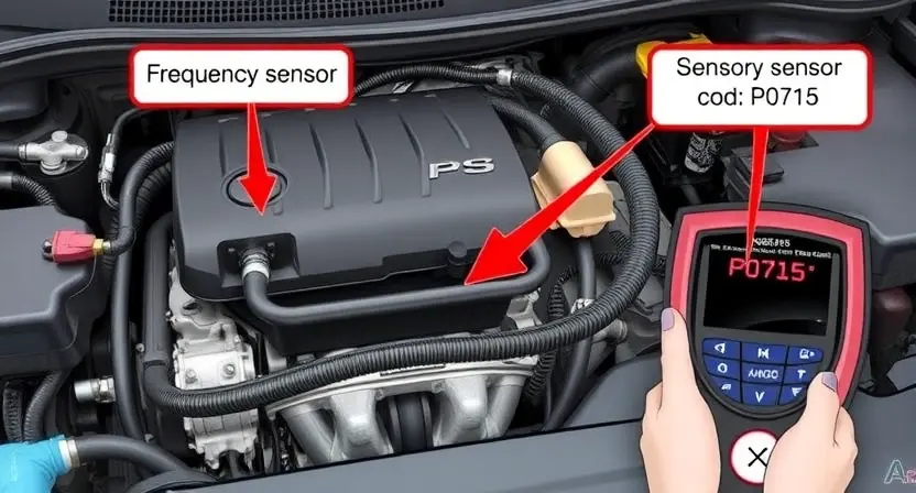 A detailed illustration of a car's engine bay, focusing on the sensor wiring and components related to the frequency sensor. Include visual representations of the sensor itself, wiring harness, and potentially a diagnostic tool displaying the P0715 code. The image should be scientifically accurate and visually clear.
