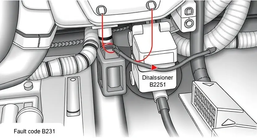 A detailed technical illustration of a vehicle's steering column sensor circuit showing a fault code B2251, with highlighted broken wire, damaged connector, and labeled components like sensor, ECU, and wiring harness, rendered in a clean, high-quality technical diagram style suitable for repair documentation