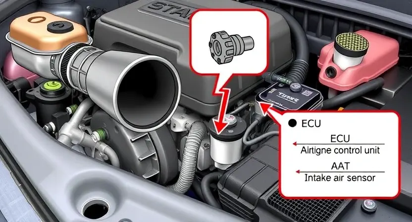 A detailed illustration of a car's engine bay, highlighting the Intake Air Temperature (IAT) sensor. The sensor should be clearly visible, with arrows pointing to the air intake duct and the engine control unit (ECU). Include a simplified diagram showing the airflow path to the sensor and the signal flow to the ECU. Focus on the sensor's physical appearance and its connection to the engine system.