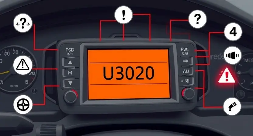A technical illustration showing a vehicle's onboard control system with a highlighted error code U3020 on a diagnostic display, surrounded by schematic wiring and warning icons, rendered in high-quality technical diagram style