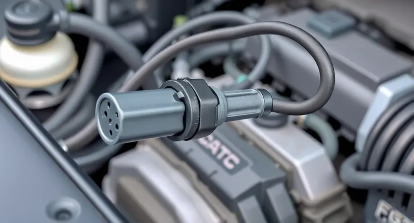 A close-up, detailed illustration of a car's accelerator pedal position sensor and its wiring harness. The sensor should be clearly visible, along with the connecting wires and any nearby components. Focus on the sensor's physical structure and the connections to the vehicle's electrical system. The background should be a slightly blurred view of the engine bay, suggesting a car environment. The image should convey a sense of technical precision and diagnostic focus.