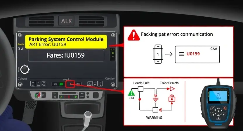 A high-quality technical illustration showing a vehicle's parking system control module with warning signs of lost communication, featuring error code U0159 displayed prominently, circuit diagrams, warning lights, and diagnostic tools in a clean, professional style