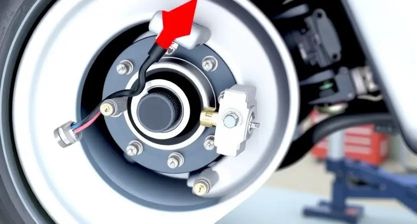 A close-up, detailed illustration of a car's wheel hub assembly. Focus on the speed sensor and its wiring connection. The background should be blurred, suggesting an automotive repair setting. The sensor should be clearly visible, highlighting its components and connection points to the wheel hub. The overall image should convey technical precision and clarity.