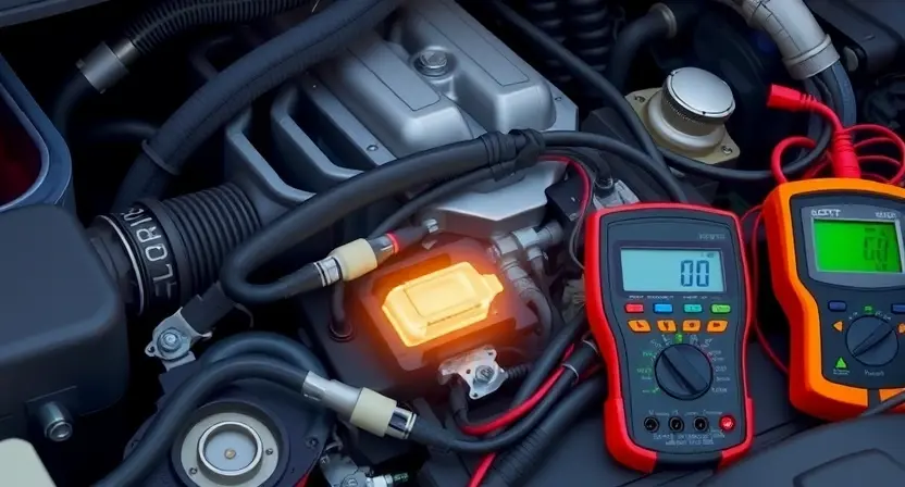 A detailed illustration of an engine bay with a focus on the crankshaft position sensor. The sensor is highlighted with a glowing effect. Wires and connectors are visible, showing a potential connection point. Diagnostic tools like a multimeter and a scan tool are present nearby. The background should be slightly blurred to emphasize the sensor and its surroundings.