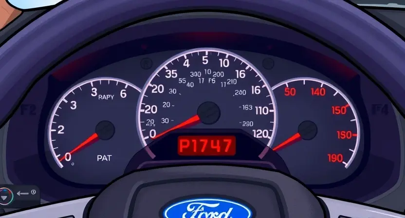 A detailed illustration of a Ford vehicle's dashboard, highlighting the P1747 error code indicator. The dashboard should show various gauges and warning lights, with the P1747 light illuminated. Include a visual representation of the error code displayed on a digital display within the dashboard.