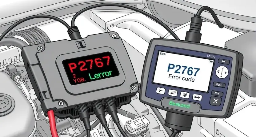 A detailed illustration of an automotive engine control unit (ECU) with diagnostic tools connected, highlighting the P2767 error code displayed on a screen. The background should be a clean, technical environment.