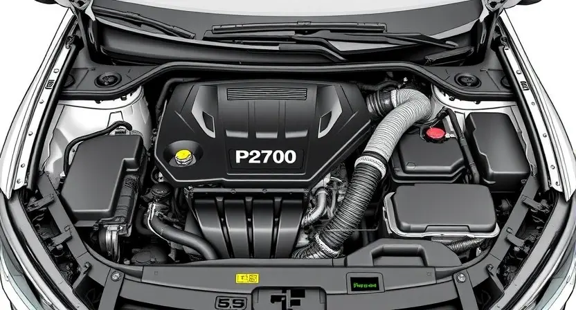 A detailed illustration of a car's engine bay with a highlighted error code P2700 displayed on a diagnostic screen. The engine should be partially disassembled to show relevant components. Focus on clarity and technical accuracy.
