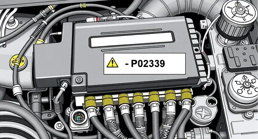 A detailed illustration of an engine control unit (ECU) with various sensors and wiring, highlighting the P0239 error code indicator. The background should be a clean, technical environment.