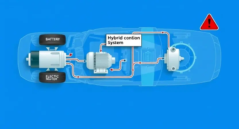 A detailed schematic diagram of a hybrid vehicle's powertrain, highlighting the battery, electric motor, and internal combustion engine. Focus on the connections and data flow between these components. Include visual indicators of a potential error state within the hybrid control system, such as a highlighted circuit or a warning symbol. The background should be a clean, technical blue.