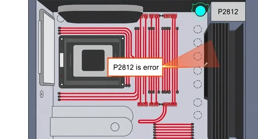 A detailed schematic diagram illustrating a P2812 error code in a computer system. The diagram should show the relevant components (CPU, RAM, motherboard, etc.) and highlight the area where the error is likely occurring. Include visual cues to represent the error, such as a flashing light or a warning symbol.