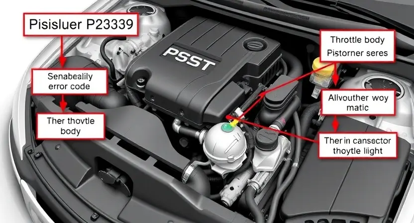 A high-quality technical illustration showing a car engine with highlighted components related to the P2339 error code, such as the throttle body or sensor, with visual indicators like warning lights or error symbols, clean background, no text or numbers on the image