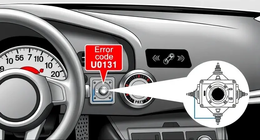 A detailed technical illustration of a car's steering system showing a warning sign for error code U0131, with a dashboard indicator light and a schematic of the power steering block, clean lines, high quality, no text or numbers on the image