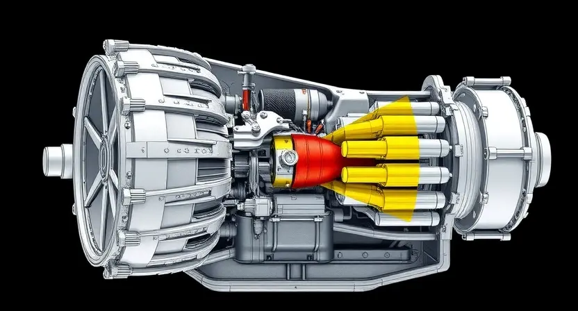A detailed illustration of a car transmission with a highlighted friction element (E) showing wear and tear. The transmission should be depicted in a technical drawing style, emphasizing the internal components and the affected area. Focus on the mechanics of the friction element and its role in the transmission process.