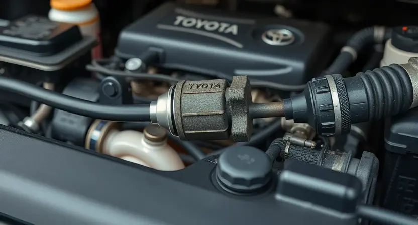 A close-up, detailed image of a Toyota vehicle's engine bay. Focus on the oxygen sensor and related components. The engine should appear clean and well-maintained. Soft, diffused lighting.