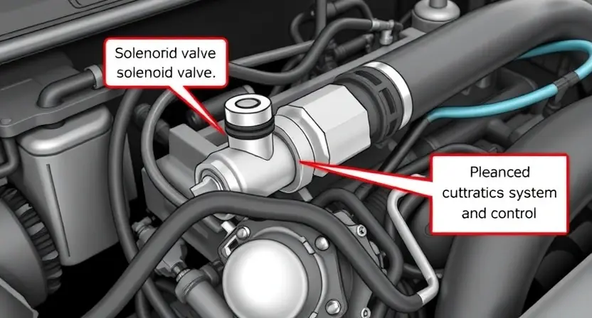 A detailed illustration of a car's engine bay, focusing on the solenoid valve and its connection to the pressure control system. The image should clearly show the solenoid, hoses, and wiring. The background should be slightly blurred to emphasize the engine components.
