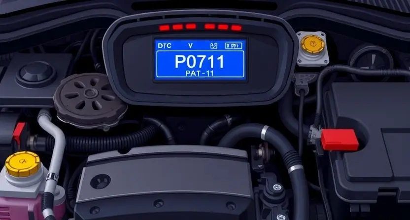 A detailed illustration of a car's engine bay with a diagnostic trouble code (DTC) light illuminated. Focus on the dashboard displaying the P0711 error code, along with relevant engine components like the transmission control module (TCM) and related sensors. The image should convey a sense of technical complexity and automotive repair.