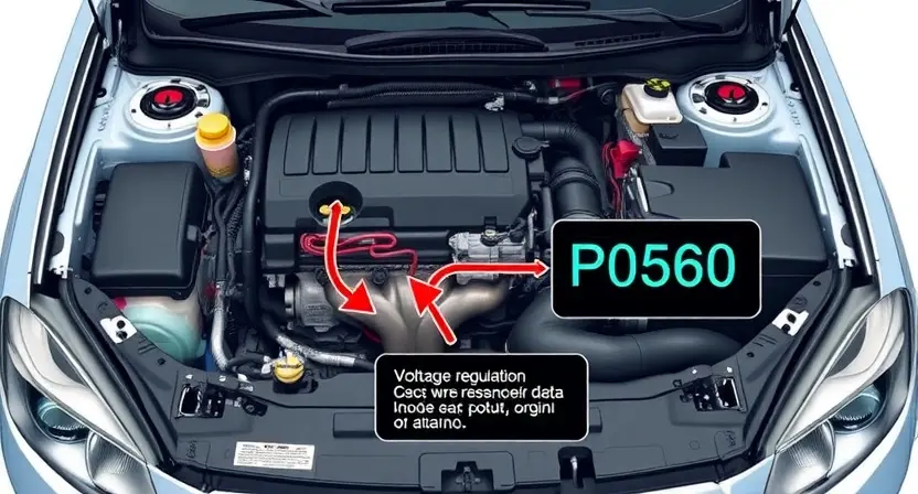 A detailed illustration of a car's engine bay with various components highlighted, focusing on the electrical system and wiring related to voltage regulation. Include a visual representation of the P0560 error code displayed on a dashboard or diagnostic screen.