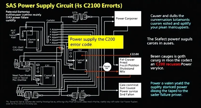 A detailed schematic diagram of a SAS power supply circuit, highlighting the C2100 error code and potential causes. Include visual representations of power components, connectors, and potential failure points.