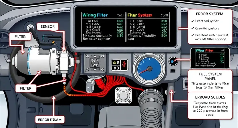 A detailed illustration of a car's fuel system diagnostic panel, showing various components like fuel injectors, fuel pump, fuel filter, and sensors. Include wiring diagrams and error codes displayed on a digital screen. The background should be a clean, professional automotive workshop environment.