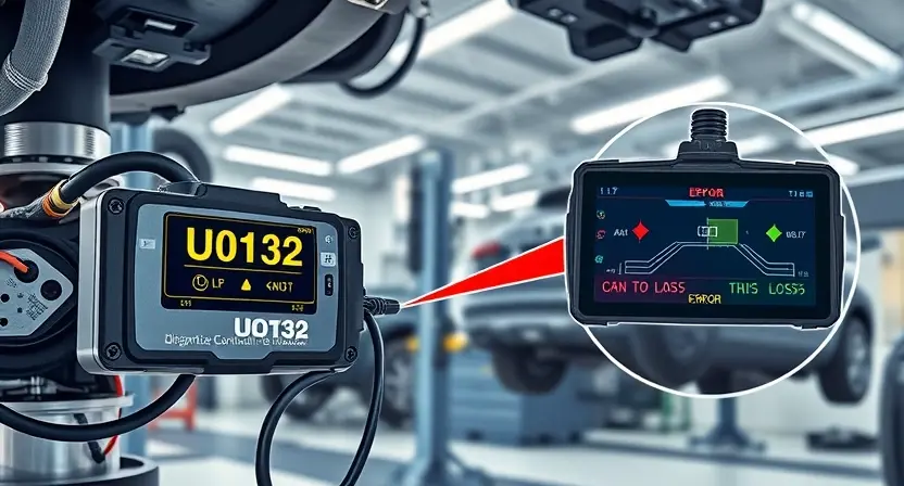 A detailed technical illustration of a vehicle suspension control module with visible wiring harness and diagnostic scanner connected via OBD-II port, showing error code U0132 on the scanner screen, with magnified view of CAN bus communication lines and signal loss indicators, set in a professional automotive workshop environment with soft overhead lighting