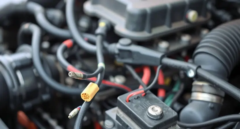 A close-up, detailed image of a car engine bay, specifically focusing on the engine wiring harness and connectors. Highlight areas where wires might be frayed, disconnected, or corroded. Show the complexity of the wiring and the various connectors involved. The background should be slightly blurred to emphasize the wiring.
