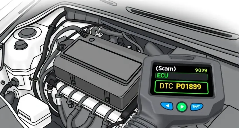 A detailed illustration of a car's engine bay, highlighting the engine control unit (ECU) and related wiring. Focus on the diagnostic trouble code (DTC) P0189 being displayed on a scan tool. The image should be clean and professional, suitable for a technical manual.