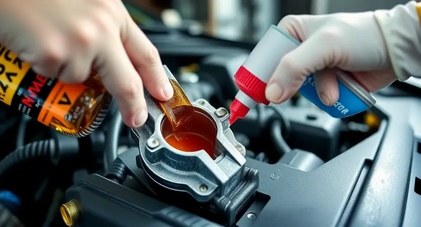 A close-up, detailed image of a car's throttle body being cleaned with specialized cleaning solution and tools. Focus on the intricate components and the cleaning process. The background should be a clean, well-lit garage environment.