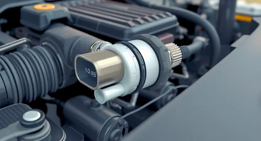 A close-up, detailed illustration of a car engine bay. Focus on the mass airflow sensor (MAF sensor) and its surrounding components. The engine should appear clean and well-maintained. Use realistic lighting to highlight the sensor's position and connections. The background should be slightly blurred to emphasize the MAF sensor. The overall image should convey technical accuracy and clarity.