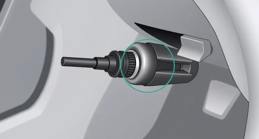 A close-up, detailed illustration of an automotive accelerator pedal position sensor. The sensor should be clearly visible, with its wiring and connection points highlighted. The background should be a clean, neutral automotive interior setting, focusing attention on the sensor itself. The image should convey a sense of technical precision and diagnostic inspection.