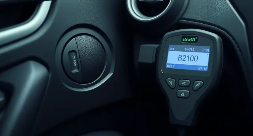 A close-up of a car's interior showing a malfunctioning window control button on the driver's door panel, with a diagnostic OBD-II scanner connected to the port under the dashboard displaying error code B2100 on its screen, soft ambient lighting, realistic automotive interior details, no text or labels visible on any surfaces
