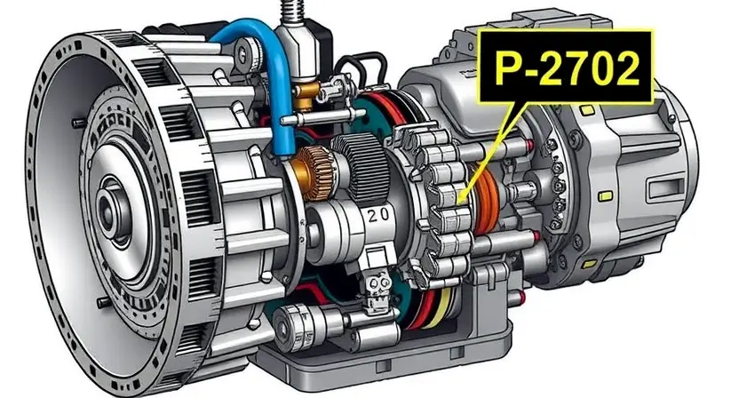A detailed illustration of an automotive transmission with a highlighted error code P2702. The transmission should be depicted in a realistic, technical style, showing gears, shafts, and components. The error code P2702 should be clearly visible on a digital display near the transmission.