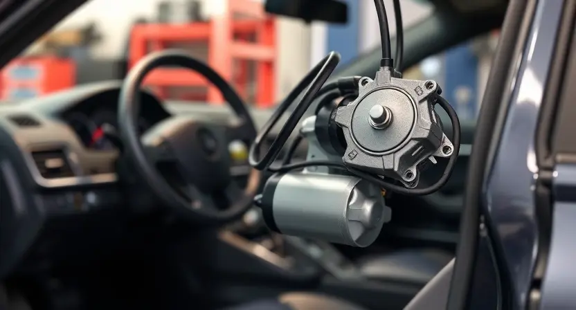 A detailed, realistic image of a car's handbrake system, specifically focusing on the right electric motor and its associated wiring. The image should showcase the components clearly, highlighting the motor's position and connections. The background should be a slightly blurred view of the car's interior, suggesting a workshop or garage setting. Focus on mechanical details and clean presentation.