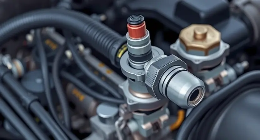 A close-up, detailed illustration of a car engine's fuel injection system. Focus on the fuel injector and its wiring harness. The image should clearly show the components involved in the fuel delivery process. The background should be blurred to emphasize the engine parts.