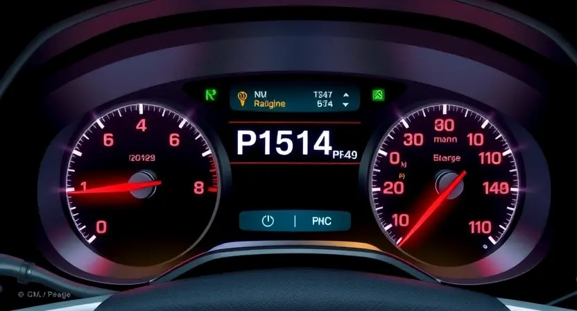 A detailed illustration of a GM/Chevrolet vehicle's dashboard with the P1514 error code illuminated on the display. The dashboard should be brightly lit, showcasing the error message clearly. Focus on the diagnostic interface and the surrounding vehicle components.