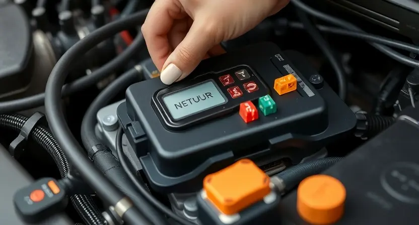 A close-up shot of a car's engine bay, focusing on the engine control unit (ECU) and the surrounding wiring and fuses. The image should clearly show the fuses and their locations, with a mechanic's hand gently inspecting them. The overall lighting should be bright and professional, highlighting the details of the components.