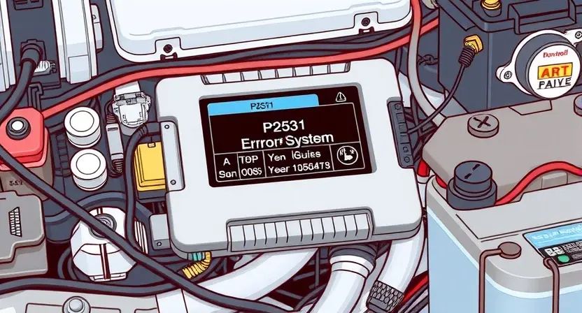 A detailed illustration of an automotive engine control unit (ECU) with a diagnostic interface displaying an error code P2531. The ECU should be surrounded by various automotive components like sensors, wiring harnesses, and a battery. The diagnostic interface should show the error code highlighted and relevant system information. The overall scene should convey a technical and diagnostic environment.