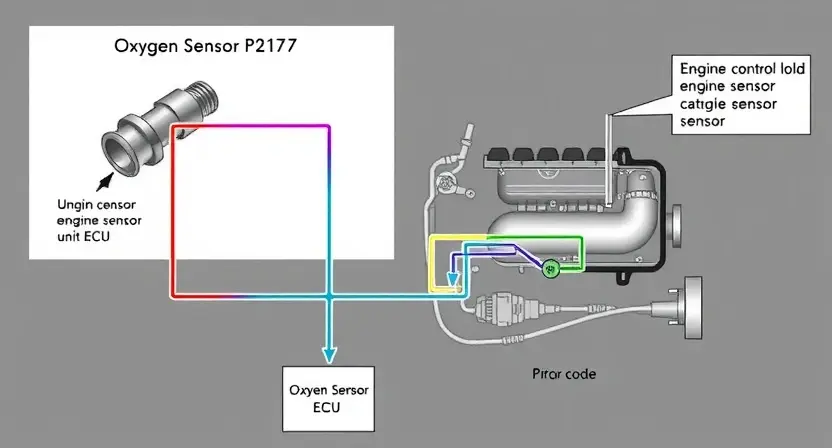 A detailed diagram illustrating a car's engine control system, highlighting the P2179 error code and its relation to oxygen sensor data. Show the oxygen sensor, the engine control unit (ECU), and relevant engine components (e.g., exhaust manifold, catalytic converter) with clear connections. Use color-coding to differentiate components and data flow. The diagram should be clean, professional, and easy to understand.