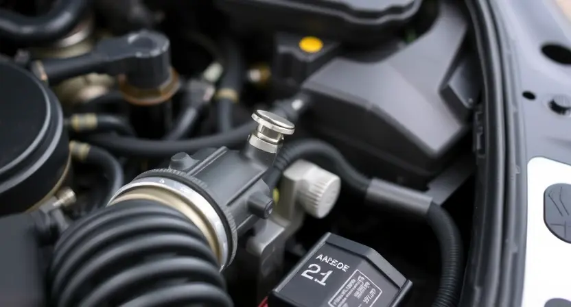 A close-up of a car's engine bay, focusing on the oxygen sensor (A/F sensor) and related wiring. The engine should be clean and well-lit. The sensor should be clearly visible, with surrounding components in focus but not distracting.