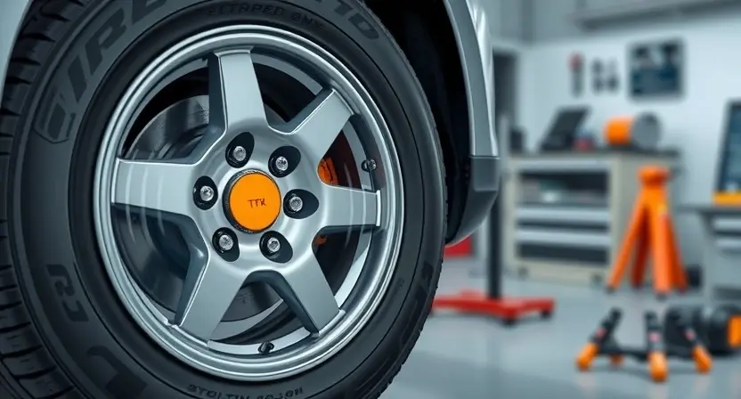 A detailed illustration of a car tire pressure monitoring system (TPMS) sensor inside a wheel, showing wireless signal transmission to the vehicle's dashboard, with subtle visual indicators of signal loss (fading waves or broken lines), set against a clean automotive workshop background with tools and diagnostic equipment nearby, emphasizing maintenance and prevention themes