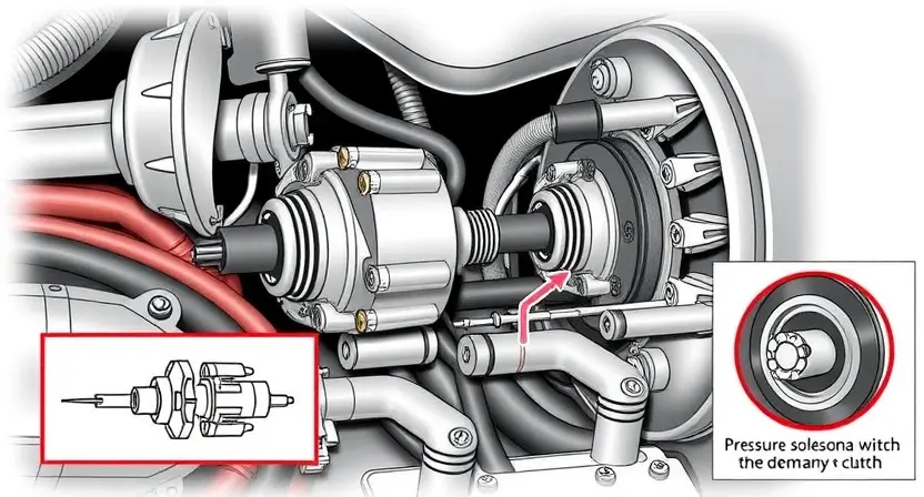 A detailed illustration of a car's transmission system, focusing on the pressure solenoid and its connection to the clutch. Include diagrams showing the flow of hydraulic fluid and the solenoid's internal components. The image should be highly technical and informative, suitable for a repair manual.