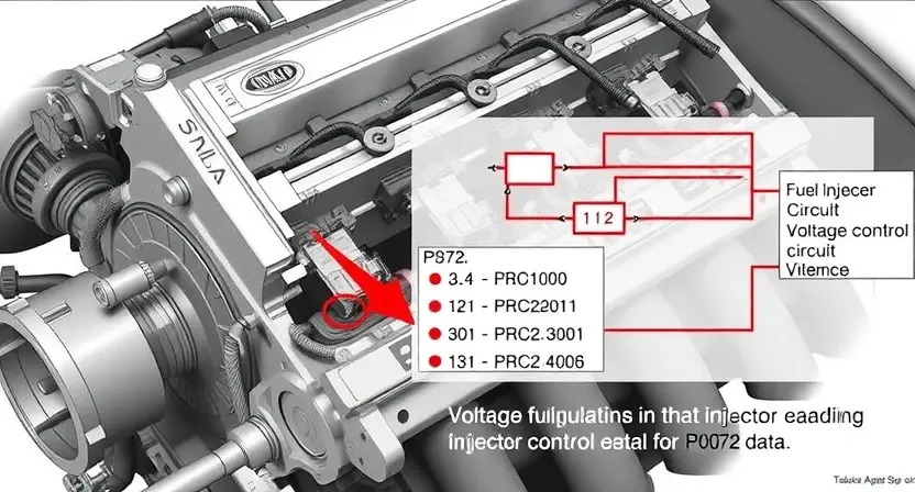A detailed illustration of an engine block with a focus on the cylinder head. Highlight the fuel injector circuit and show a visual representation of voltage fluctuations in the injector control circuit. Include a schematic diagram overlay showing the PCM data and the voltage readings. The image should convey a technical explanation of the P0272 error code.