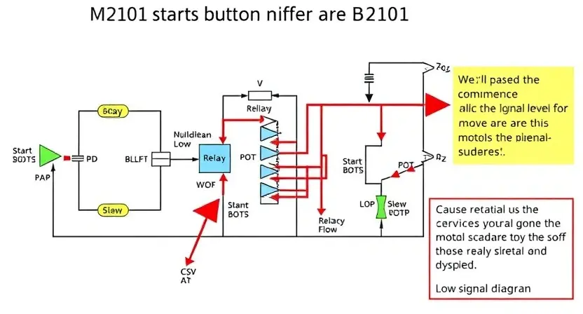 A detailed schematic diagram of a motor start button circuit, highlighting the B2101 error code and potential causes. Include visual representations of signal flow, components like relays, potentiometers, and sensors, and a clear indication of the low signal level.