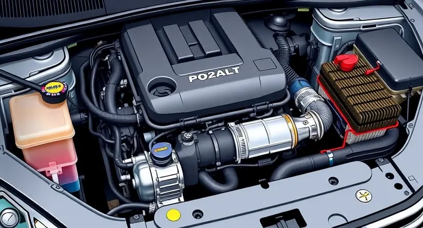 A detailed illustration of an automotive engine bay, focusing on the catalytic converter and related wiring. The engine should be partially visible, showcasing the complexity of the system. Include visual cues representing the P0224 error code, such as a diagnostic light illuminated on the dashboard.
