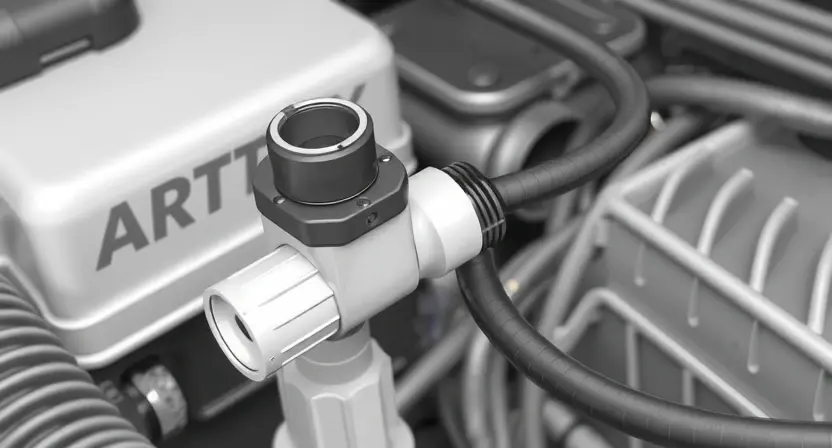 A close-up, detailed illustration of a vehicle's AdBlue tank sensor and its wiring harness. The sensor should be clearly visible, along with the connecting wires and any related components in the engine compartment. Focus on the sensor's physical appearance and the quality of the wiring. The background should be blurred to emphasize the sensor and wiring.