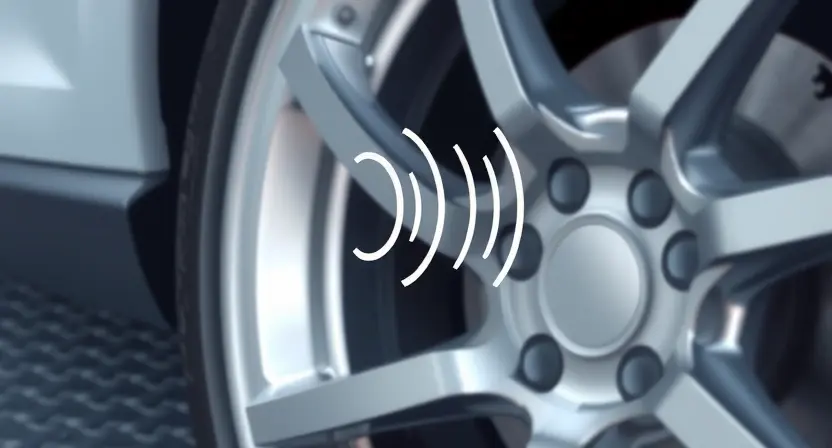 A close-up illustration of a car's wheel hub with a sensor. The sensor is depicted with a weak, fragmented signal line emanating from it, visually representing a low signal. The background should be a blurred automotive environment, suggesting a road or garage. Focus on the sensor and its connection to the wheel hub.