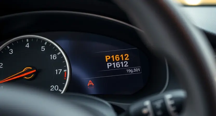 A close-up, detailed shot of a car's dashboard with a diagnostic display showing an error code 'P1612'. The dashboard should be clean and modern, focusing on the error message. The car interior should be subtly visible but not distracting. The lighting should be bright and even, highlighting the display.