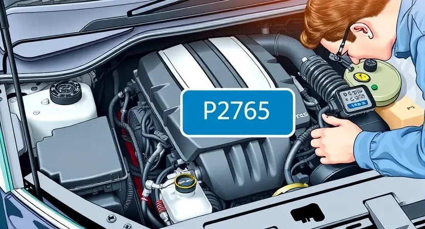 A detailed illustration of a car engine with a highlighted P2765 error code indicator. The engine should be well-lit, showing various components clearly. Focus on the diagnostic tools and a mechanic examining the engine.