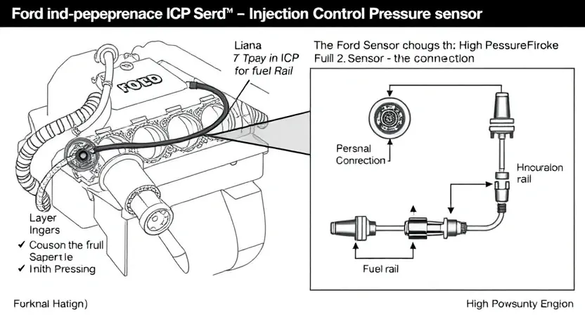 A detailed illustration of a Ford PowerStroke engine's ICP (Injection Control Pressure) sensor. The image should clearly show the sensor's physical location within the engine, its connection to the fuel rail, and a simplified diagram illustrating the sensor's internal workings and its role in the engine's fuel injection system. Focus on the sensor's components and its relationship to the high-pressure fuel system.