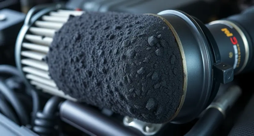 A close-up, detailed illustration of a diesel particulate filter (DPF) clogged with black soot. The DPF should be realistically rendered, showing the layers of filter material and the accumulation of carbon deposits. Focus on the texture and density of the soot. The background should be a blurred automotive engine compartment.