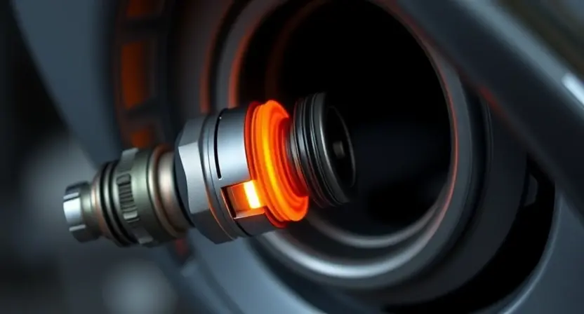 A close-up illustration of an oxygen sensor with a glowing heating element. The sensor should be depicted in a clean, modern automotive setting, possibly near an exhaust pipe. Focus on the sensor's components and the heating element's glow, highlighting its role in regulating exhaust gas composition. The background should be blurred to emphasize the sensor.